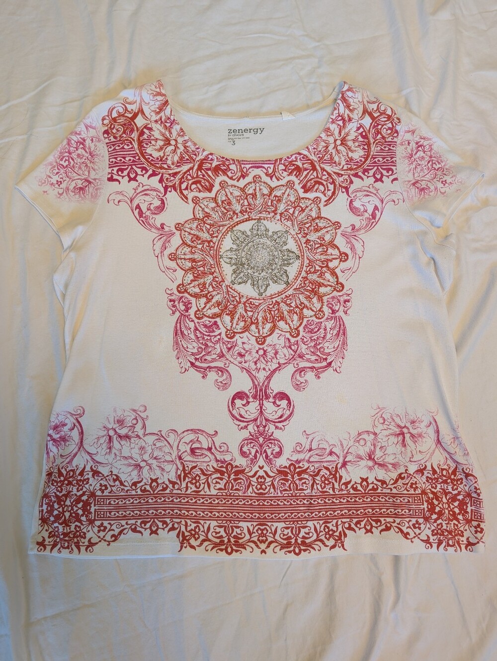 Zenergy By Chico's Crystal-Embellished Medallion T-Shirt - Size 3 (16)